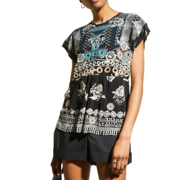Johnny Was Embroidered Perlette Tie-Back Silk Blouse Short Sleeve Size S NWT - Picture 3 of 9